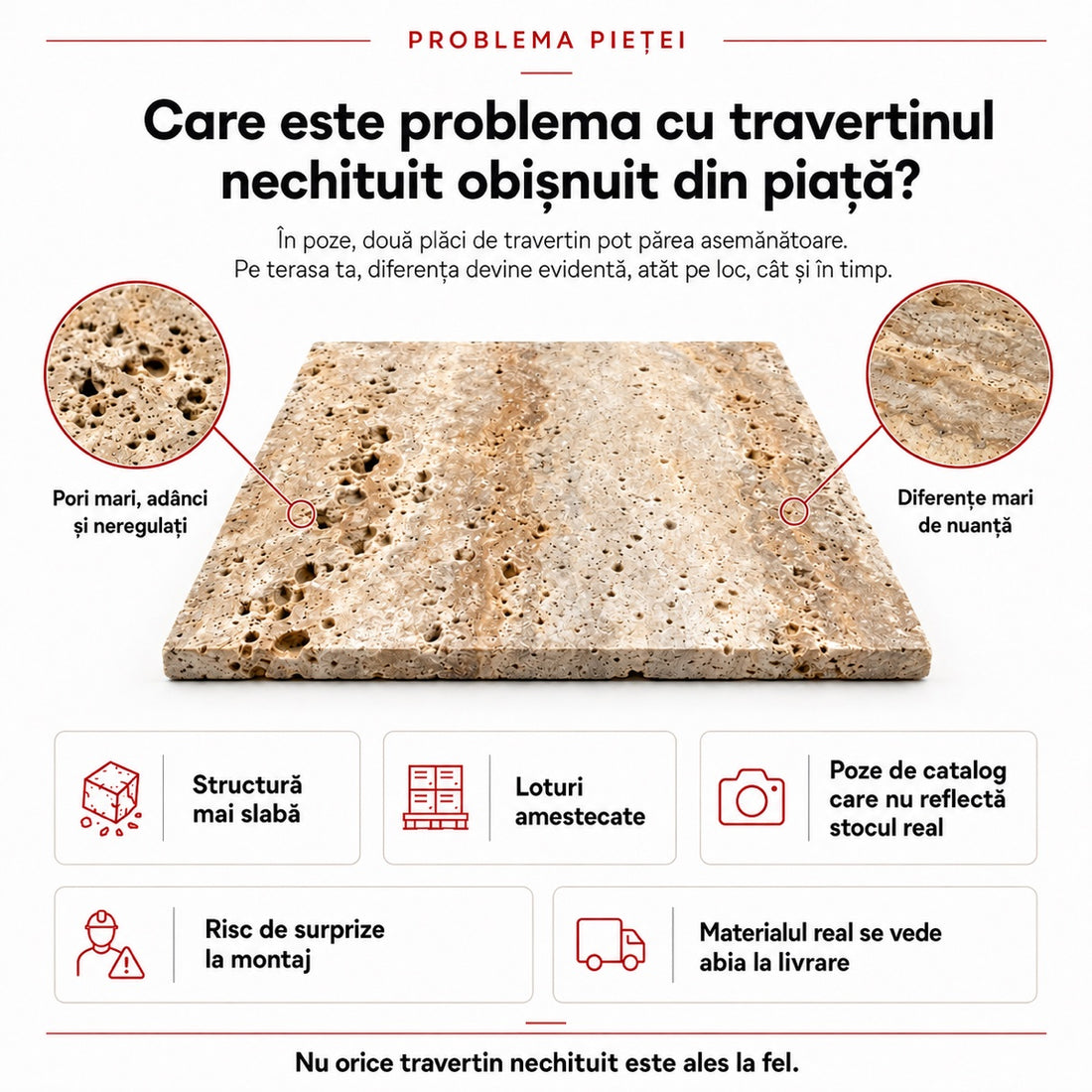 Dar aici apare diferența importantă: nu orice travertin nechituit are aceeași densitate, aceeași porozitate sau aceeași calitate de lot.